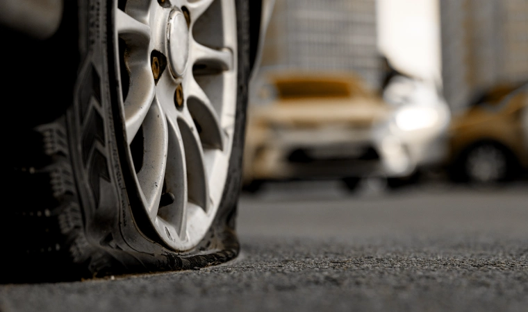 A flat tyre on a car on the road.